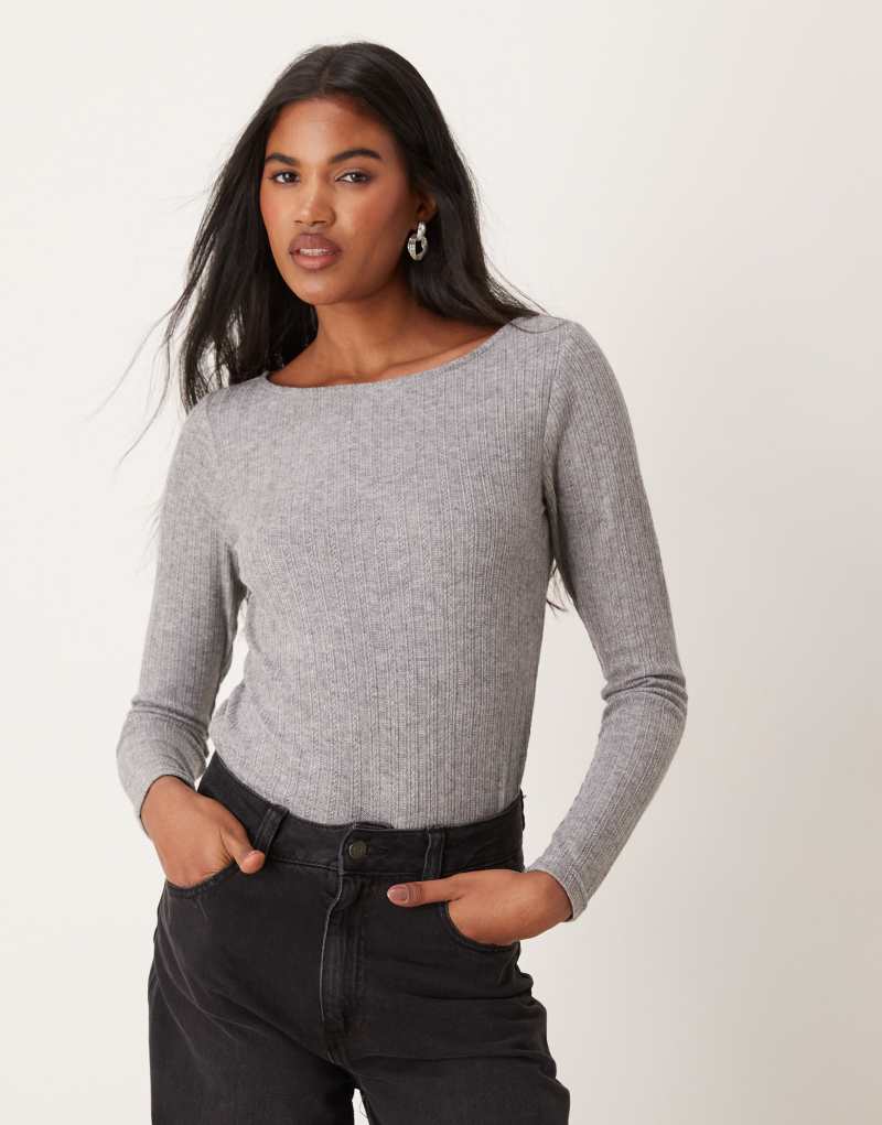 Mango mixed rib knit long sleeve top in gray Mango