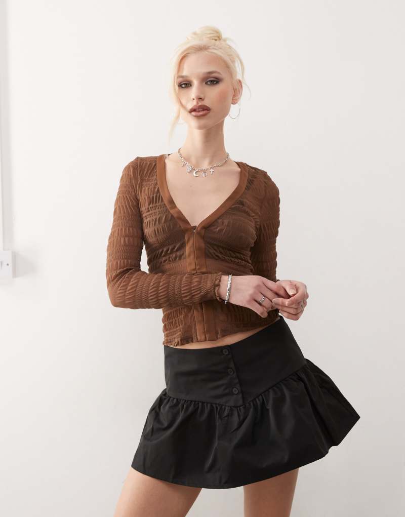 Motel Jichan ruched mesh long sleeve top in chocolate Motel