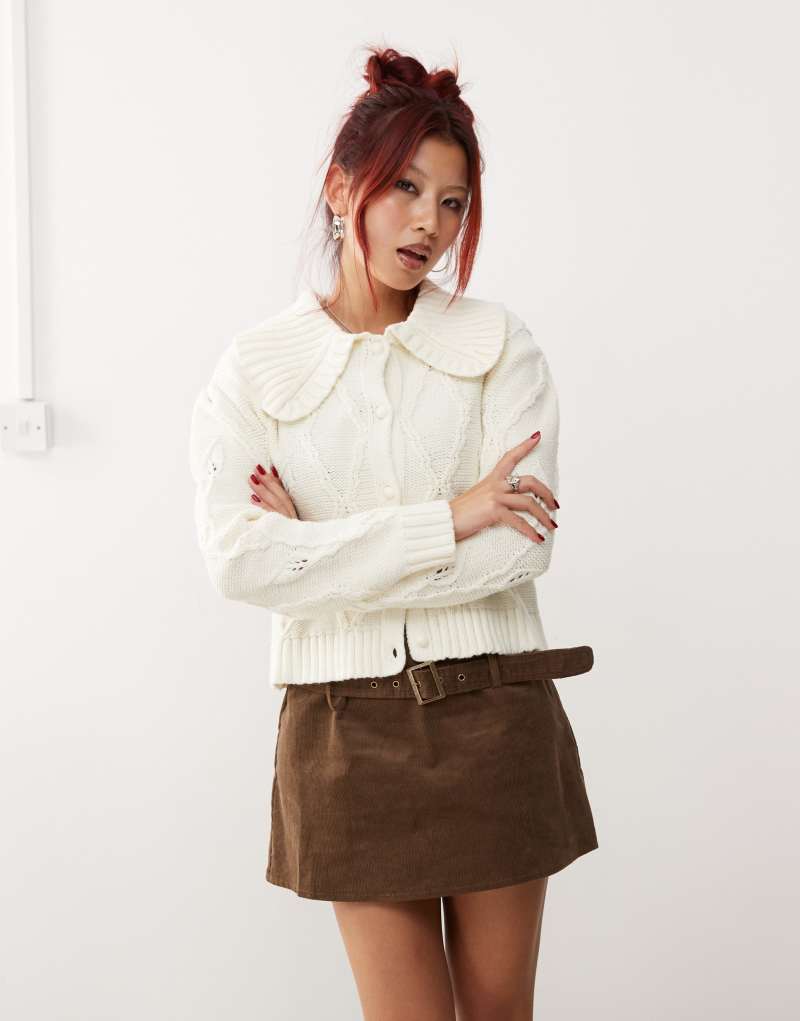 Monki knitted pattern cardigan with collar and puff sleeves in off white Monki