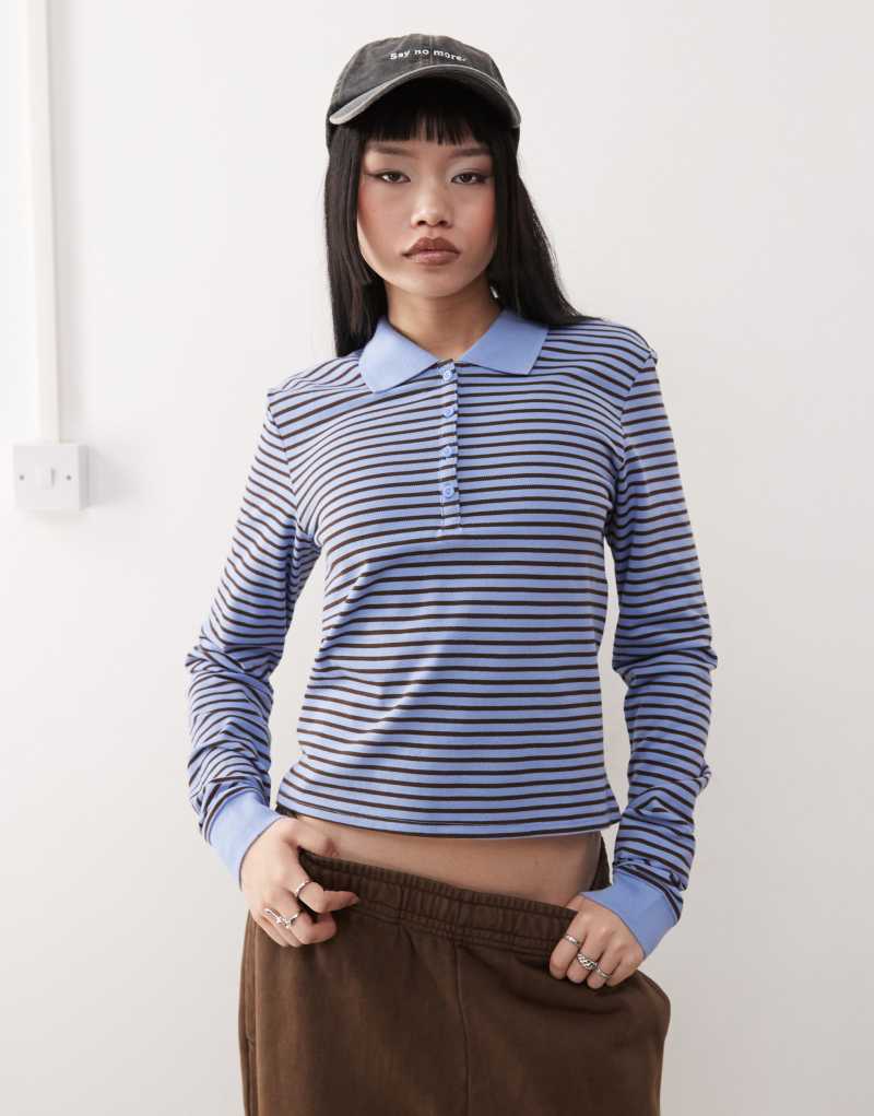 Monki long sleeve pique polo in blue and brown stripe  Monki