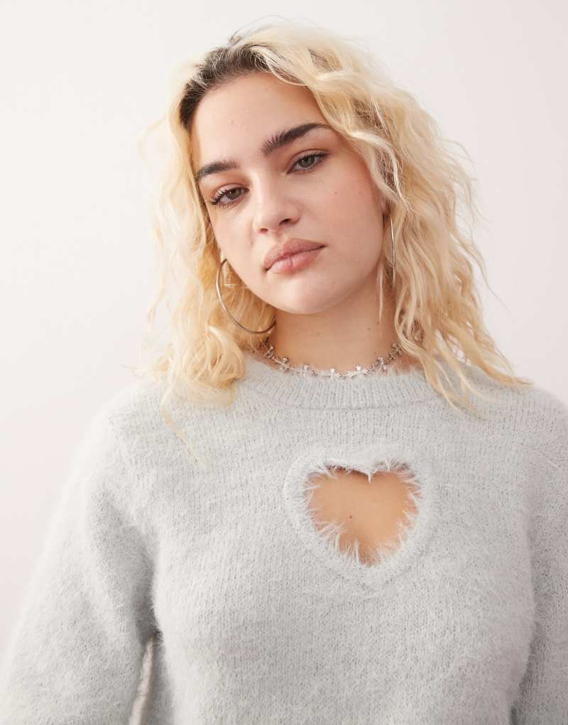 Monki fluffy sweater with cut out heart in gray Monki