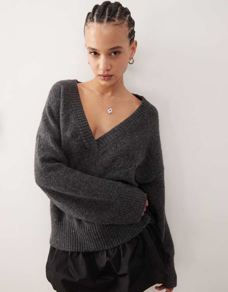 Monki slouchy v neck oversized sweater in gray  Monki