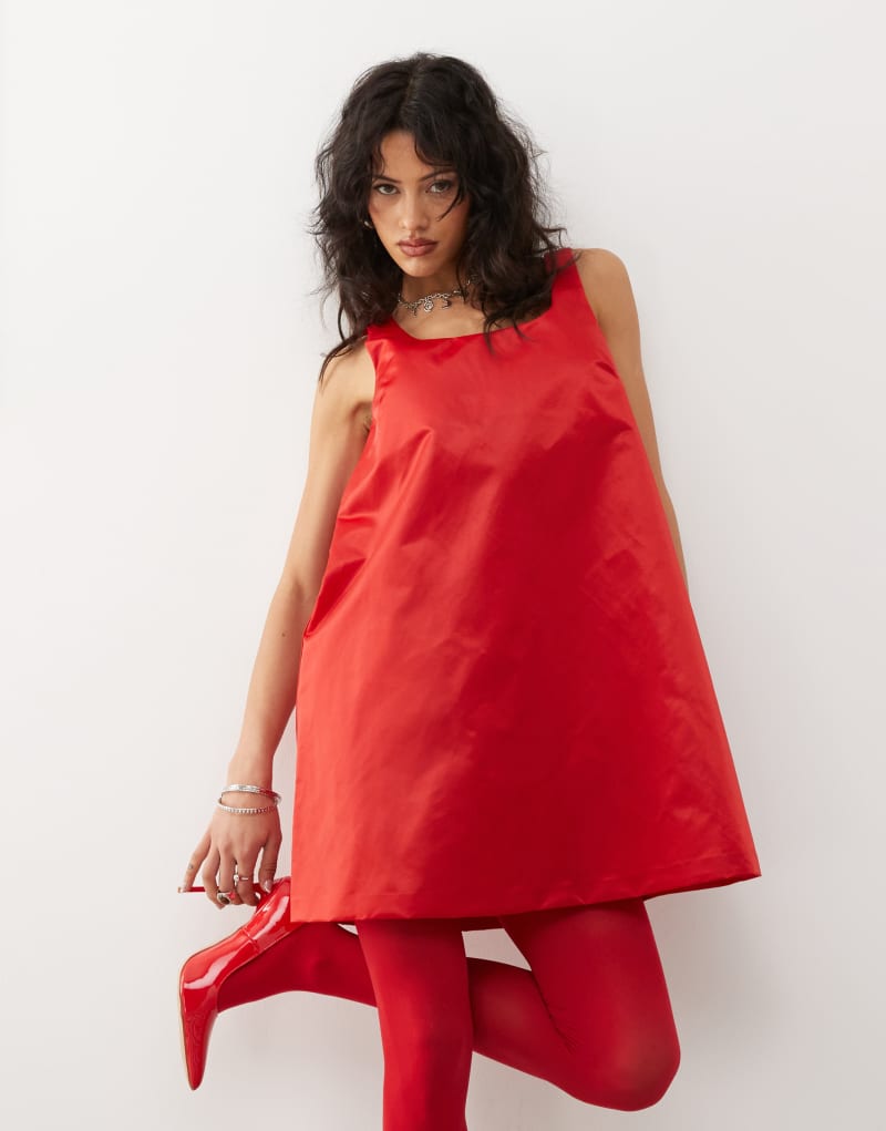 Monki satin look pinafore mini dress in red Monki