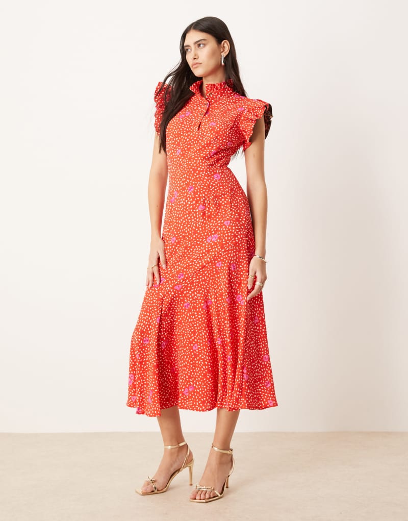 Never Fully Dressed contrast sleeve midaxi dress in red and pink Never Fully Dressed