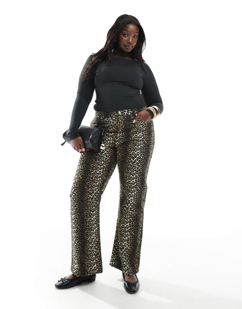 ONLY Curve high waist wide leg pants in leo print Only