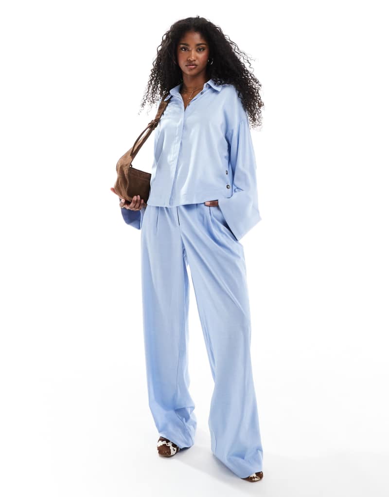 Object pleat front wide leg pants in light blue - part of a set Object