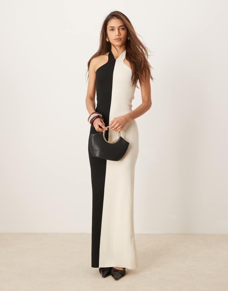 Pretty Lavish contrast knit maxi dress in black and cream Pretty Lavish