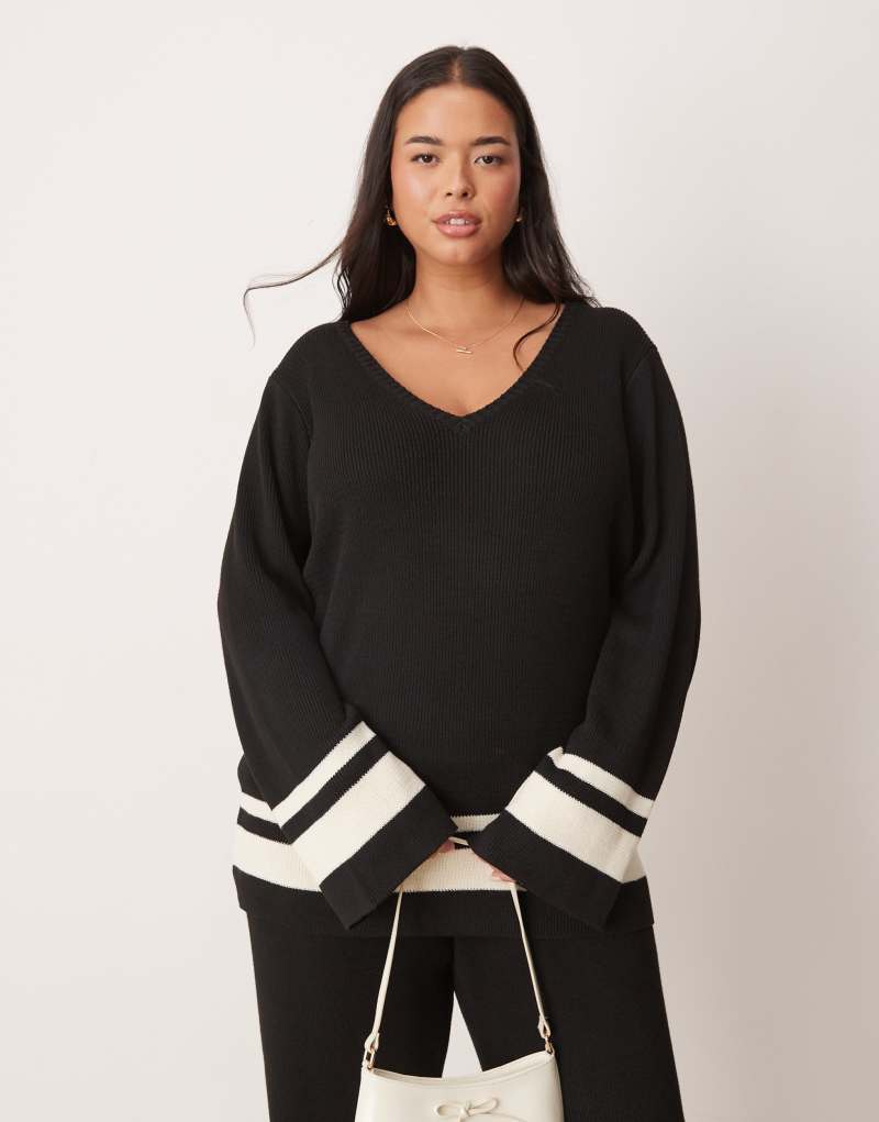 Pretty Lavish Curve v neck contrast knit sweater in black - part of a set Pretty Lavish