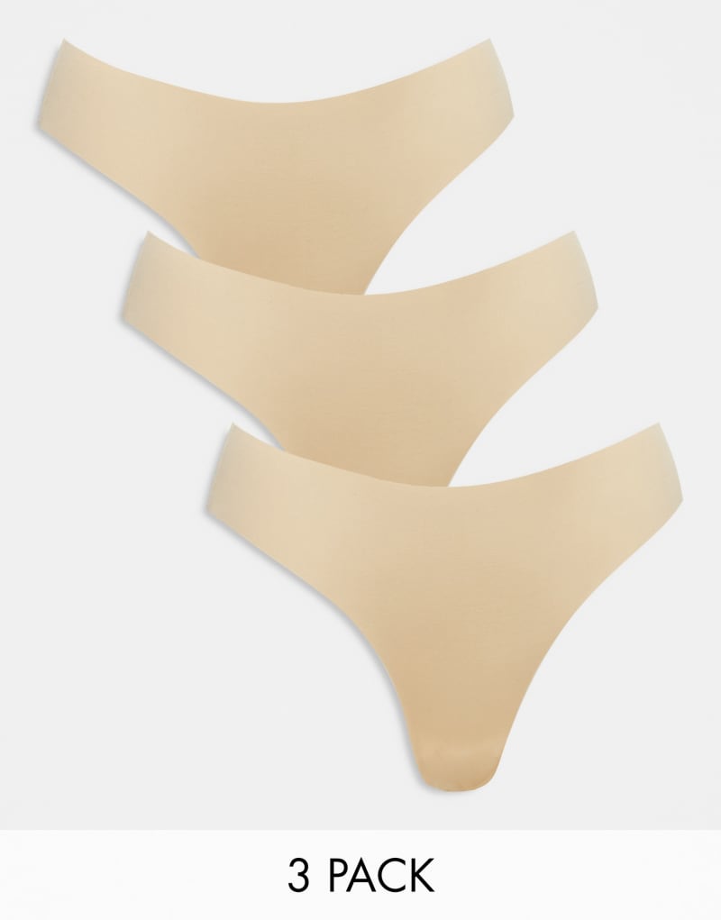 Pieces 3 pack seamless thongs in beige Pieces