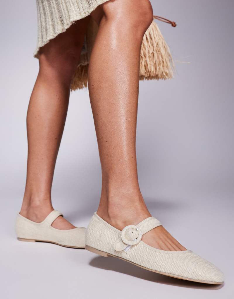 Public Desire Wide Fit Griffin mary jane ballet flats in natural raffia Public Desire