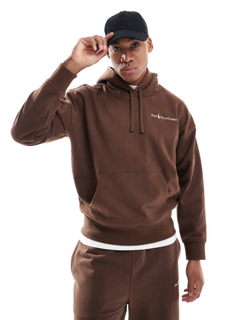 Polo Ralph Lauren script player logo relaxed oversized heavyweight fleece hoodie in brown - part of a set Polo Ralph Lauren