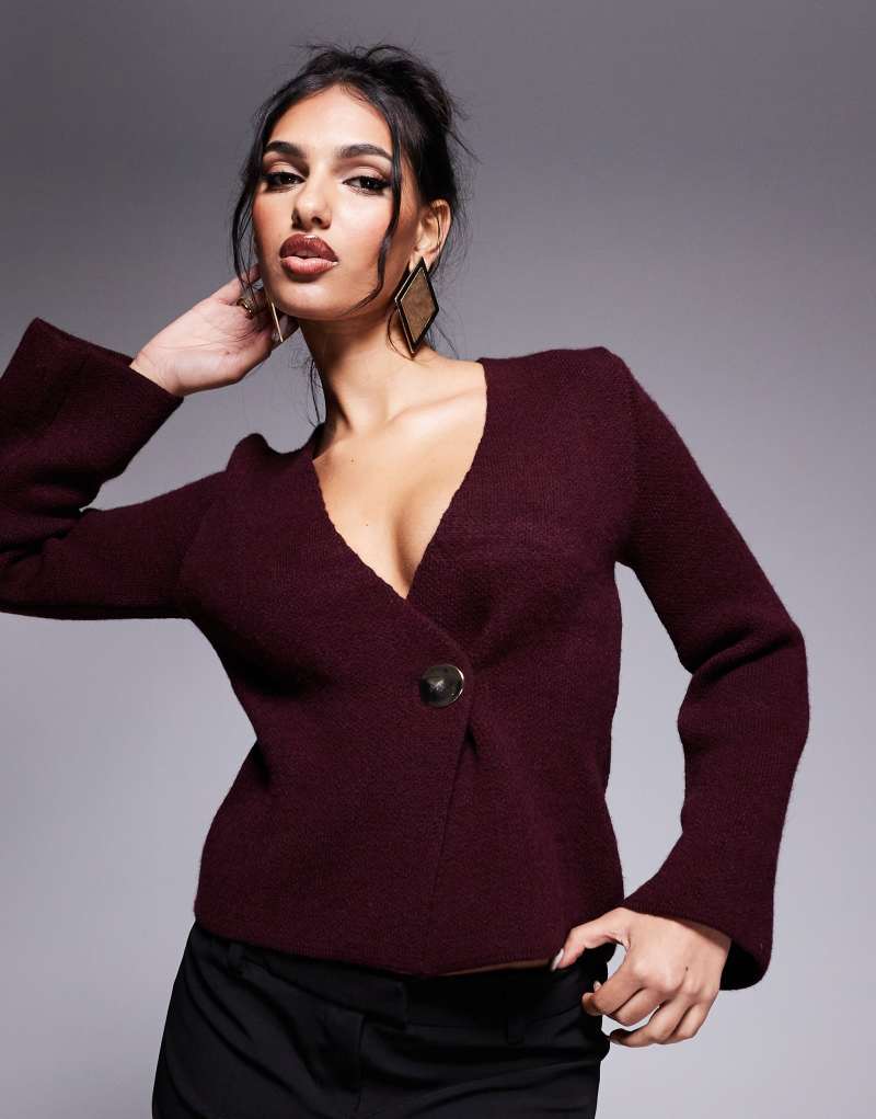 River Island asymmetric button cardigan in burgundy  River Island