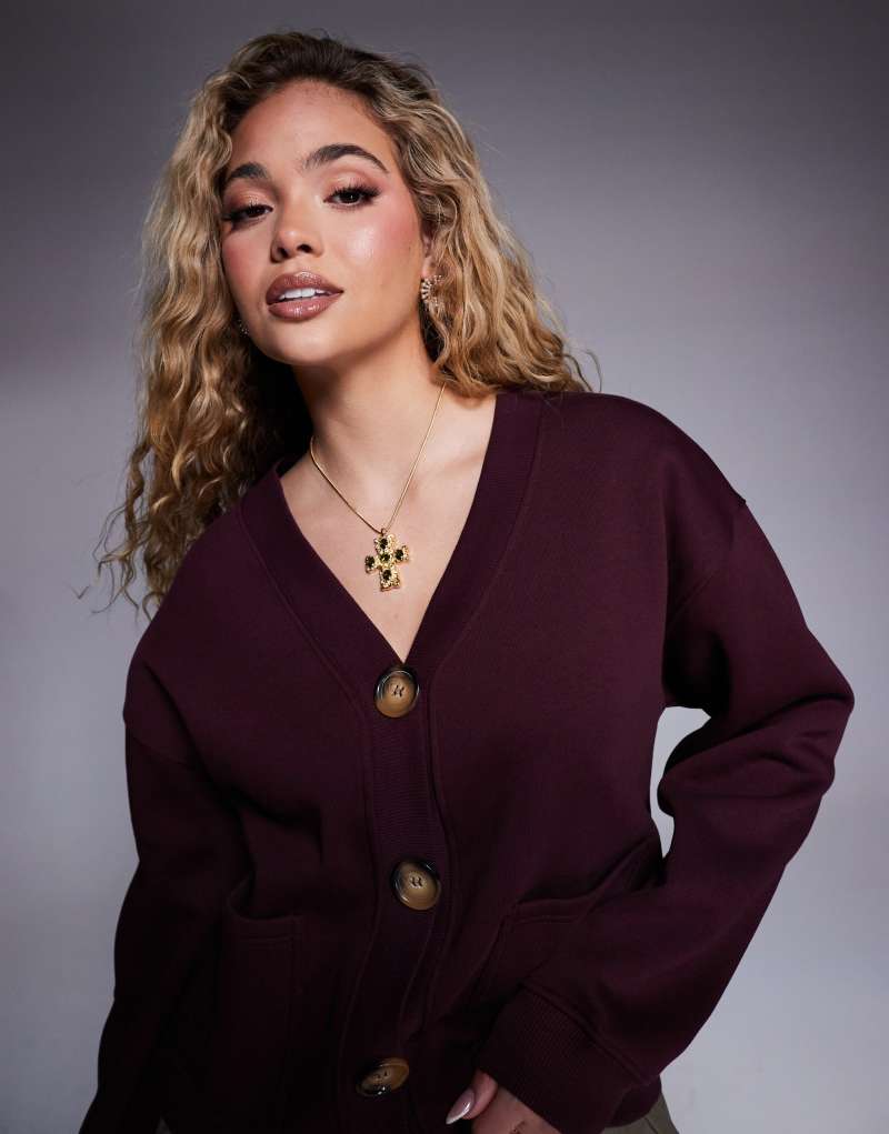 River Island V neck cardigan in burgundy River Island