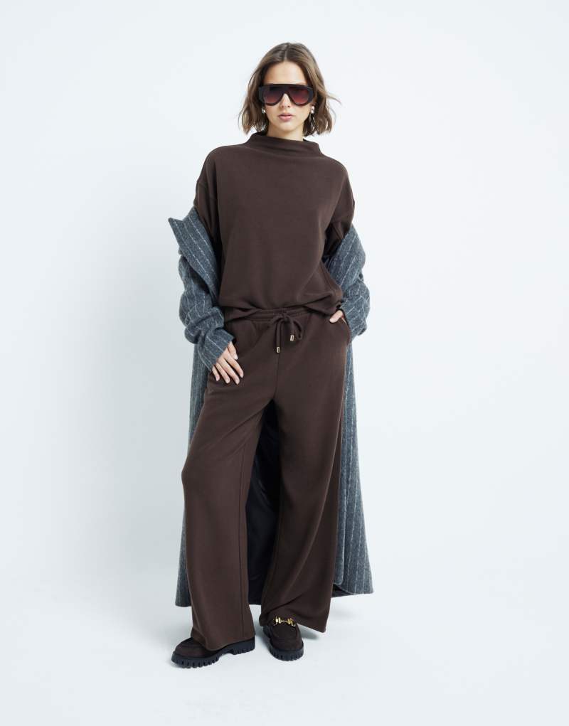 River Island cozy wide leg pants in dark brown River Island