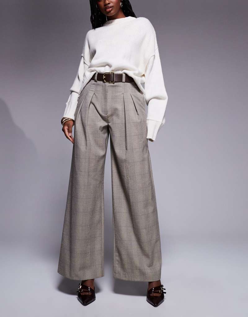 River Island checked wide leg pants in light brown River Island