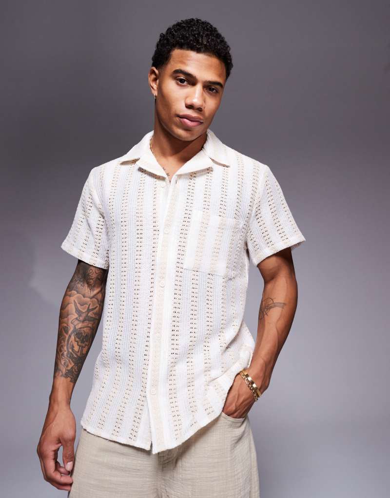 South Beach crochet short sleeve beach shirt in beige and cream South Beach