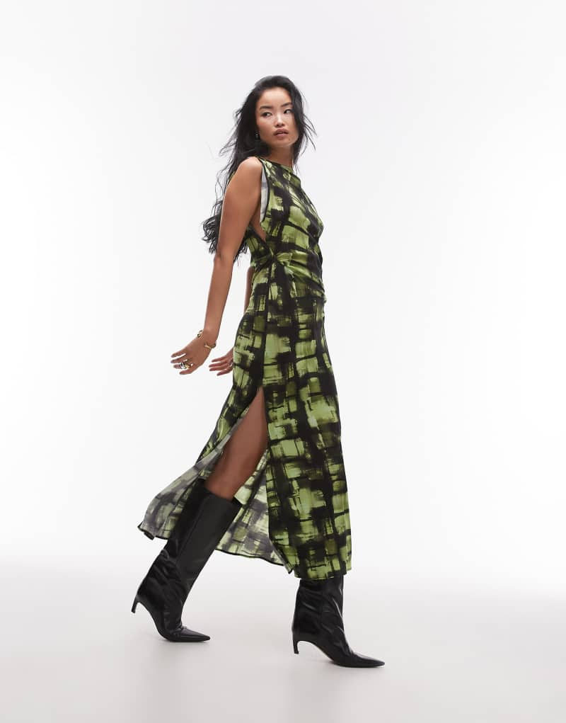 Topshop sliced sleeve ruched side maxi dress in green plaid print Topshop