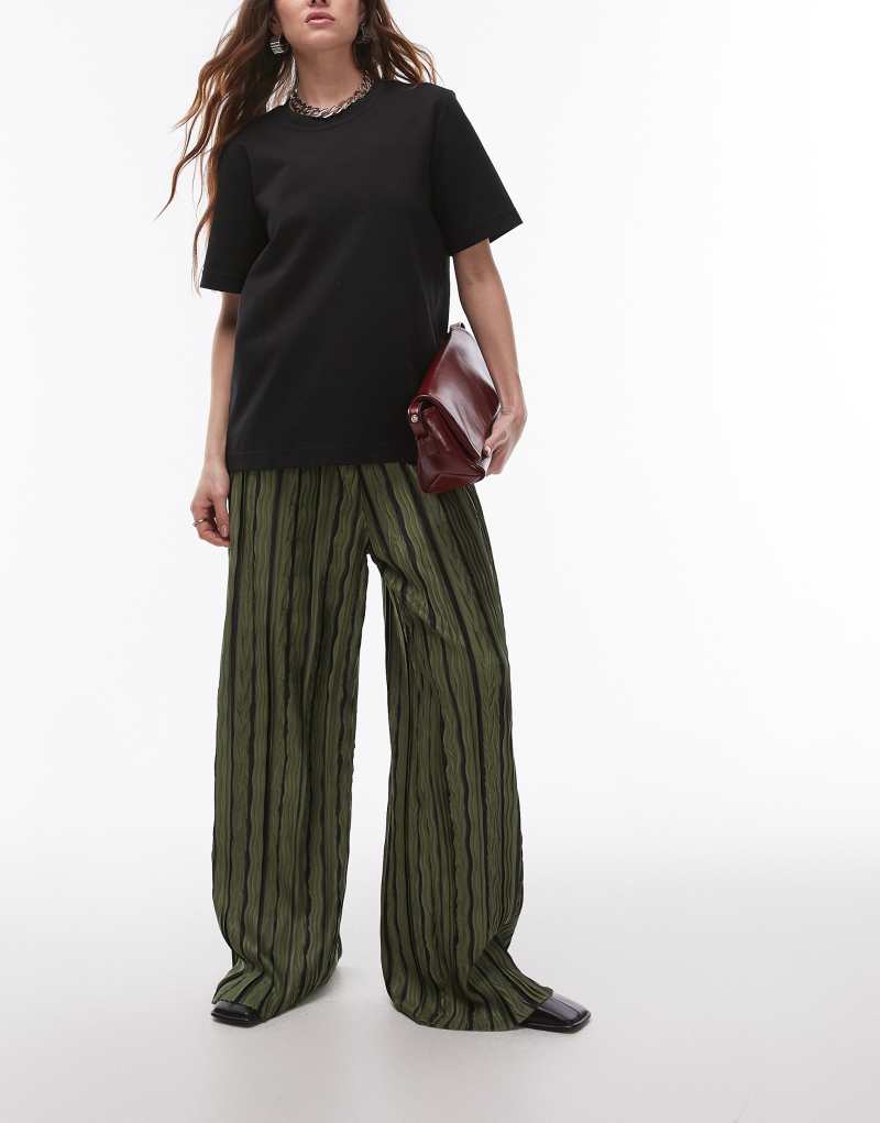 Topshop stripe plisse wide leg pants in green Topshop