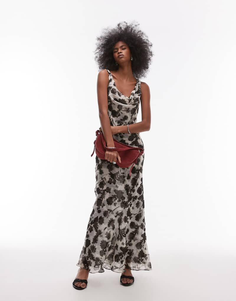 Topshop built up double layered cowl neck maxi dress in mono floral Topshop