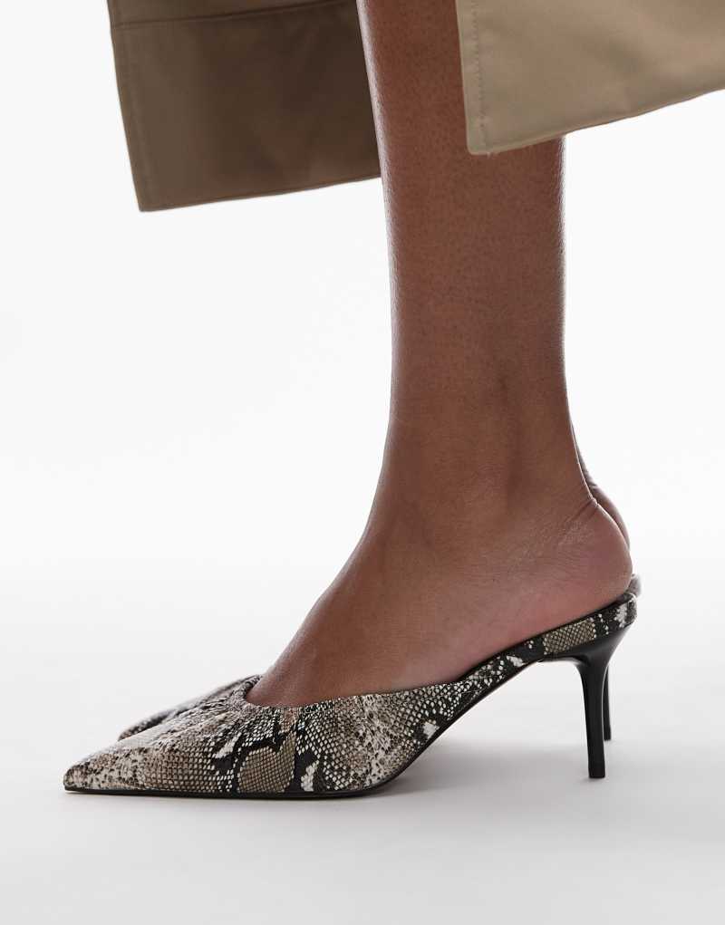 Topshop Dill ruched slip on mid heeled shoes in snake print Topshop