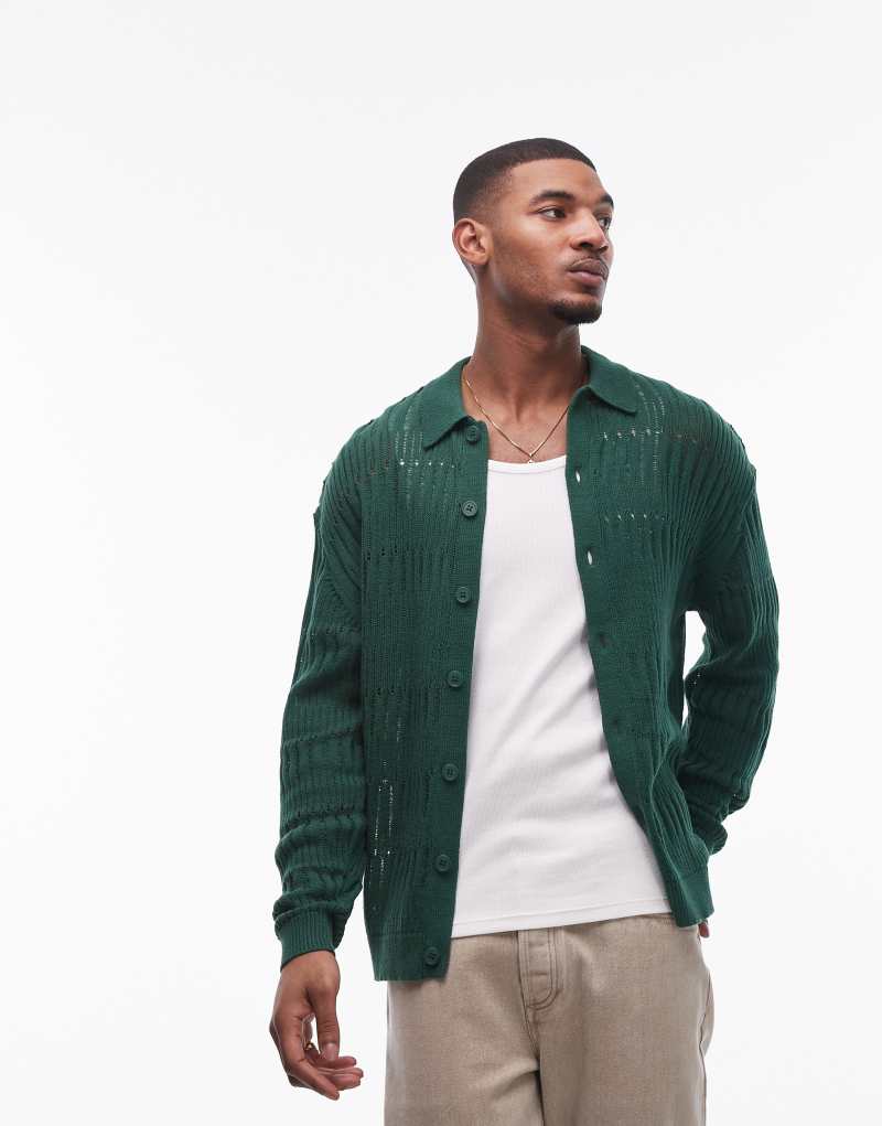 Topman ladder stitch cardigan in green Topman