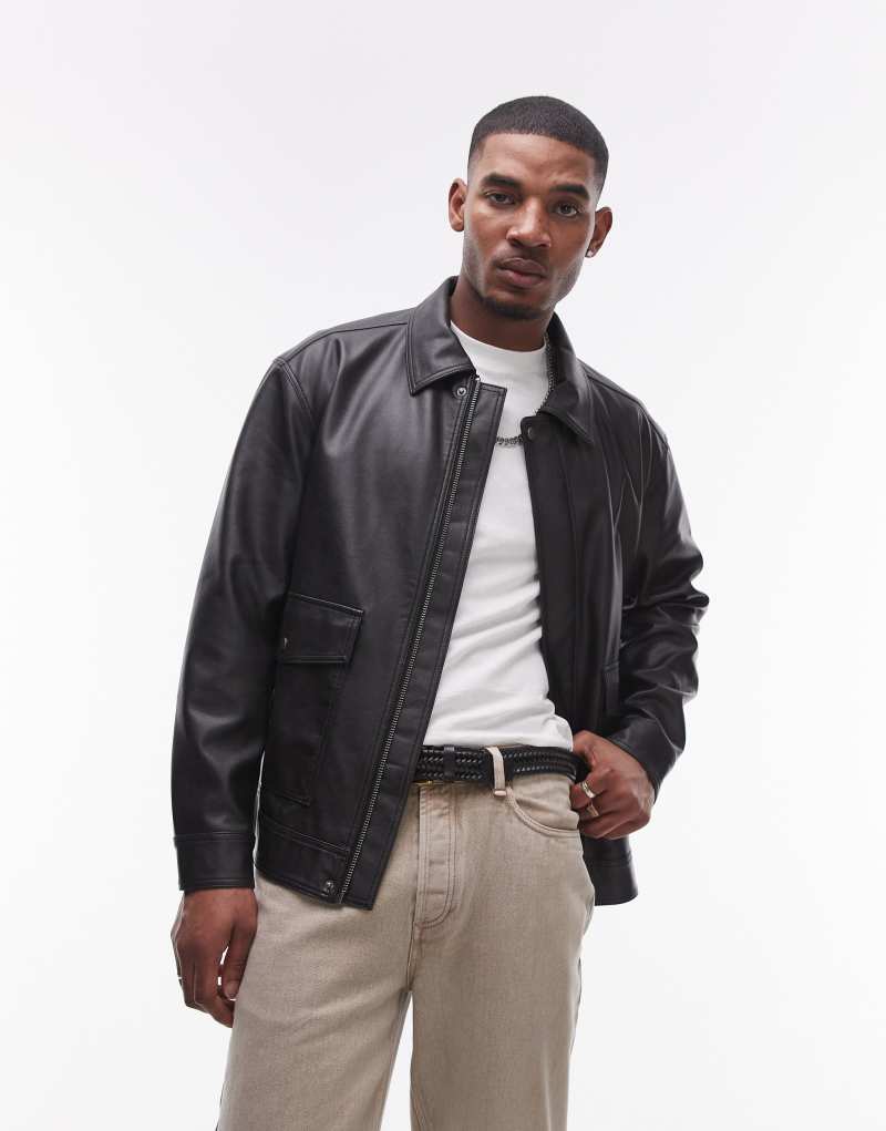 Topman faux leather jacket with front pockets in black Topman