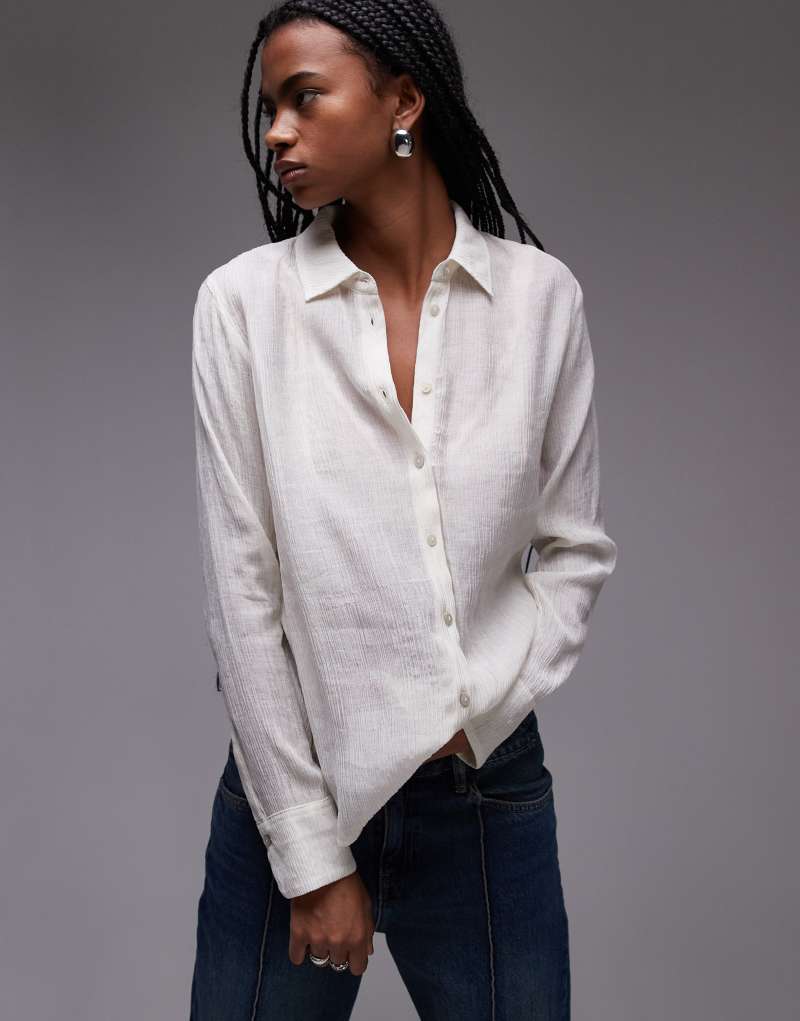 Topshop linear textured shirt in ivory Topshop