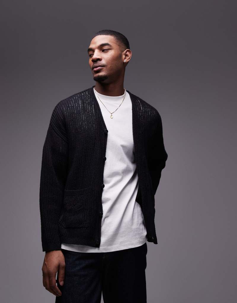 Topman knitted crochet cardigan in black Topman