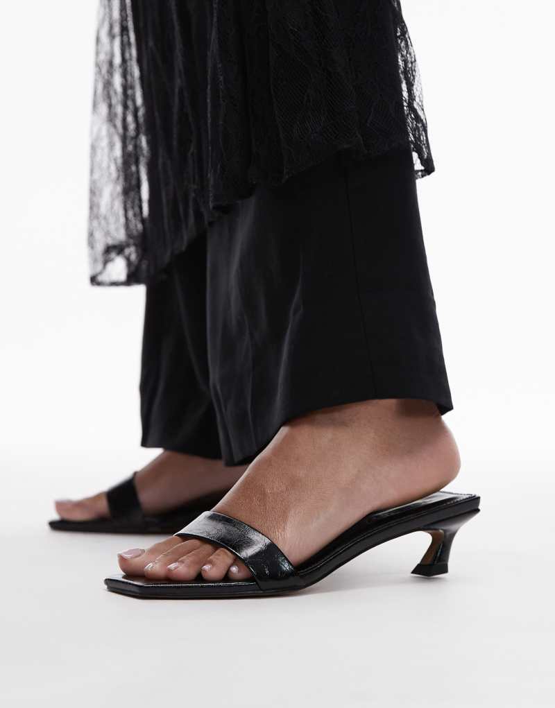 Topshop Inga square toe slip on mid heeled sandals in black Topshop