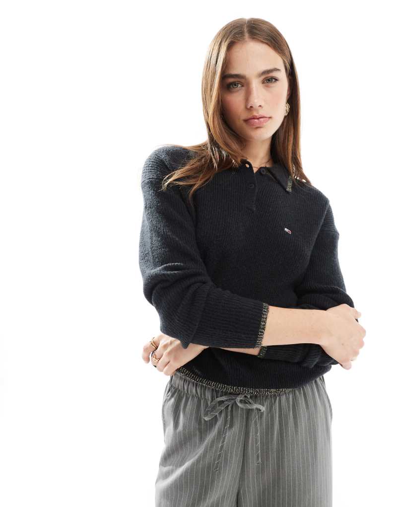 Tommy Jeans polo sweater in black with glitter details Tommy Jeans