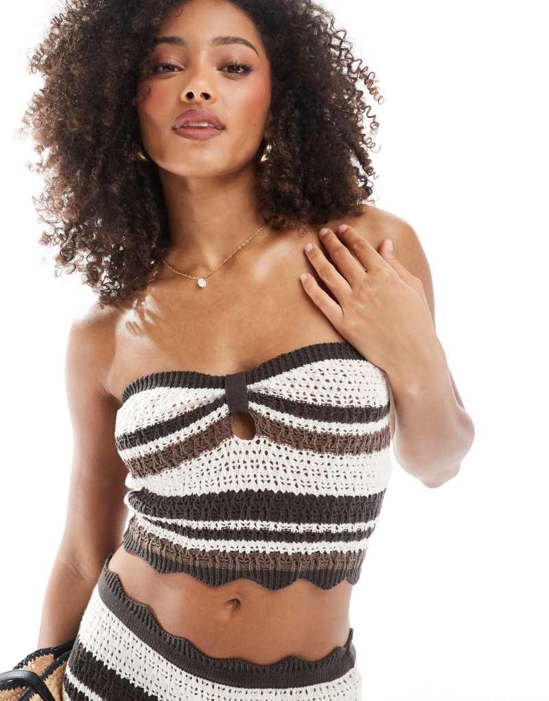 The Frolic exclusive striped crochet beach bandeau crop top in brown - part of a set The Frolic