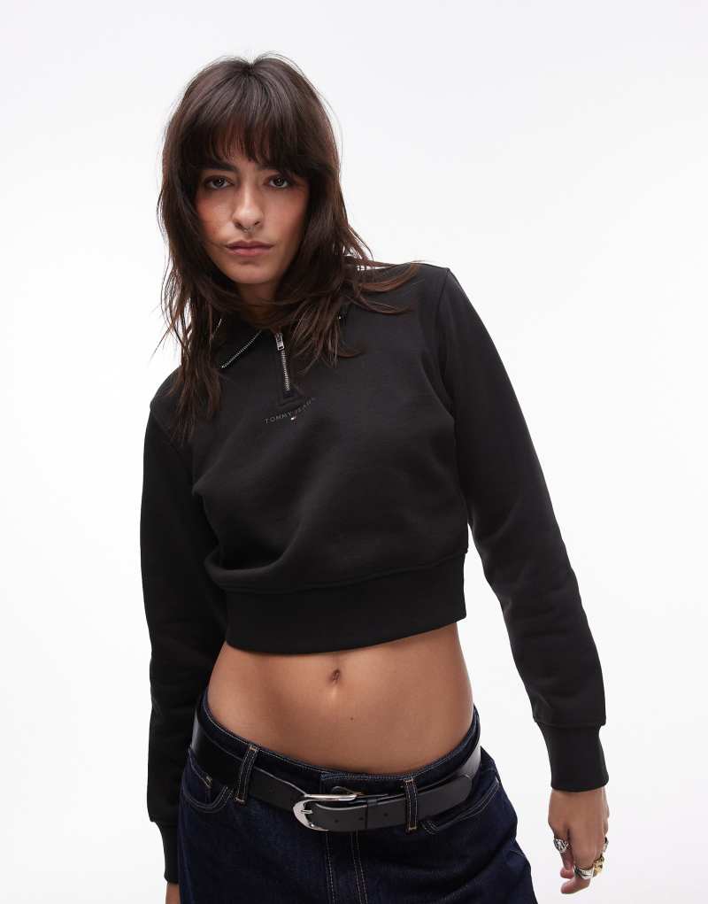 Tommy Jeans cropped quarter zip sweatshirt in black Tommy Jeans