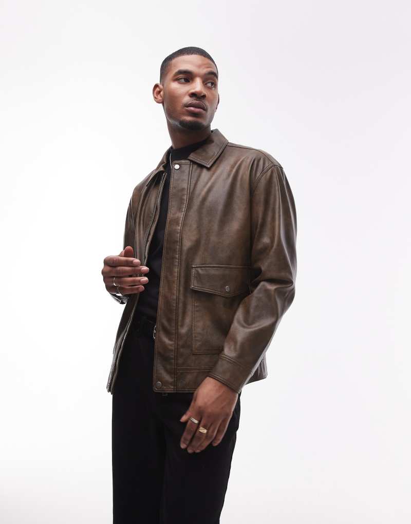 Topman faux leather jacket with front pockets in brown Topman