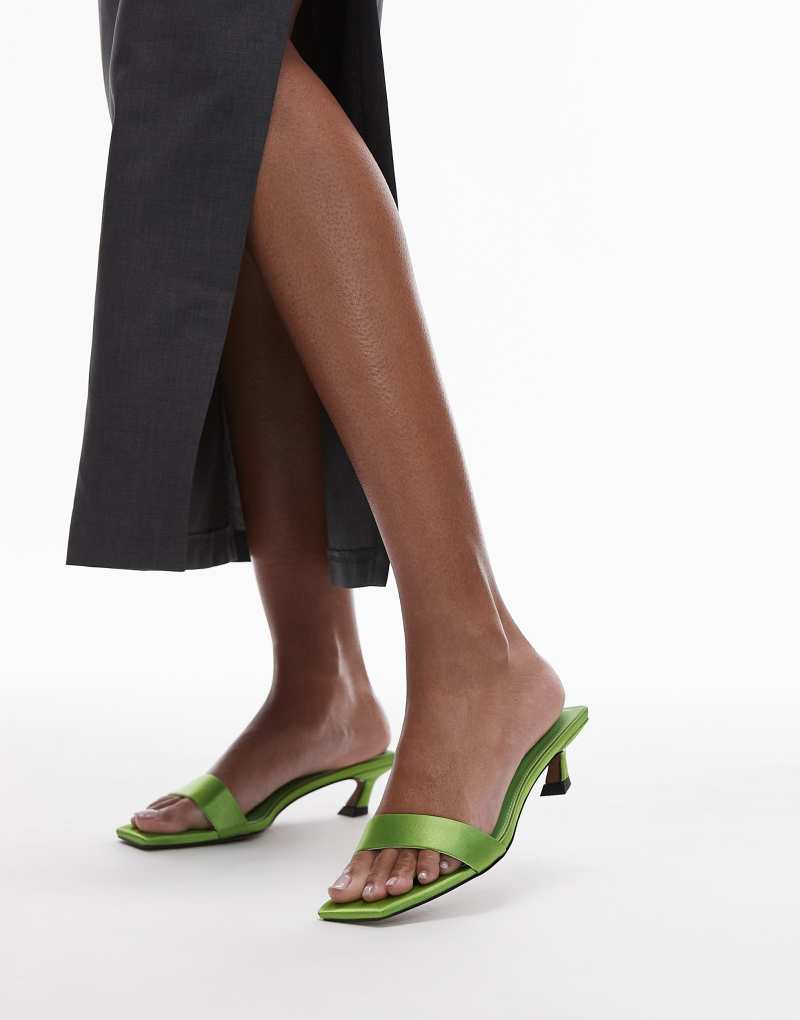 Topshop Inga square toe slip on mid heeled sandals in green Topshop