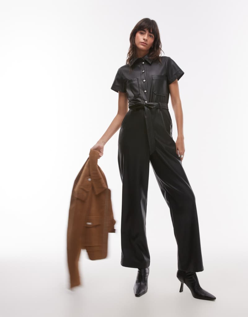 Topshop short sleeve utility faux leather jumpsuit in black Topshop