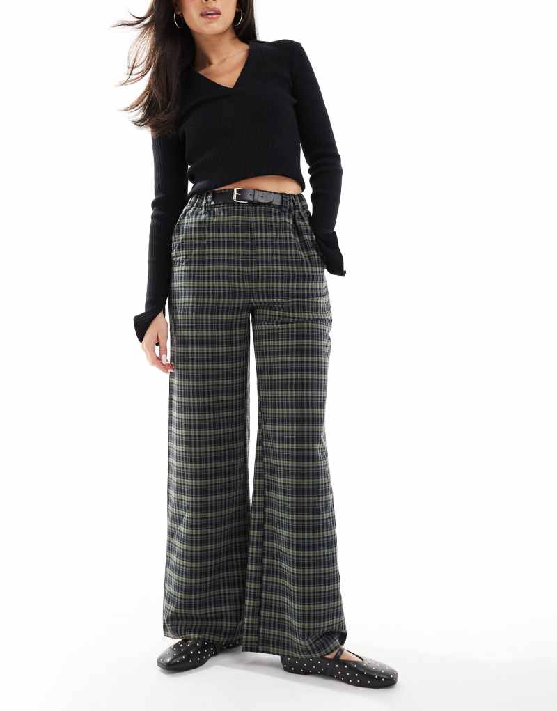 Threadbare wide leg check pants in navy Threadbare