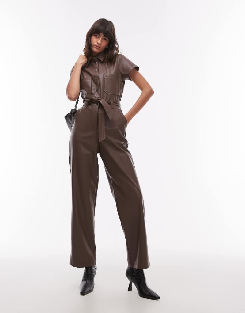 Topshop short sleeve utility faux leather jumpsuit in brown Topshop