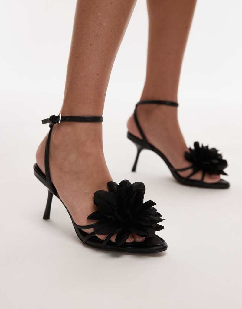 Topshop Isla flower applique high heeled sandals in black Topshop