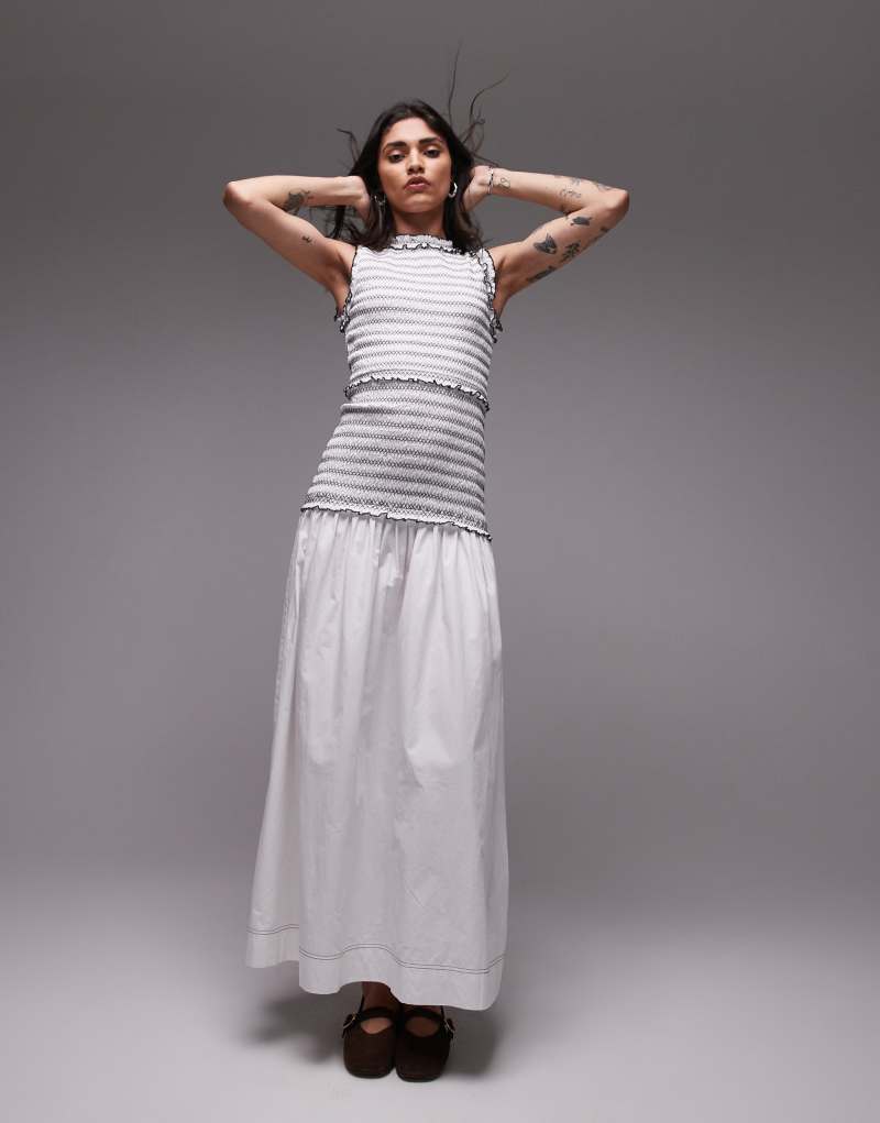 Topshop sleeveless contrast stitch shirred dress in white Topshop