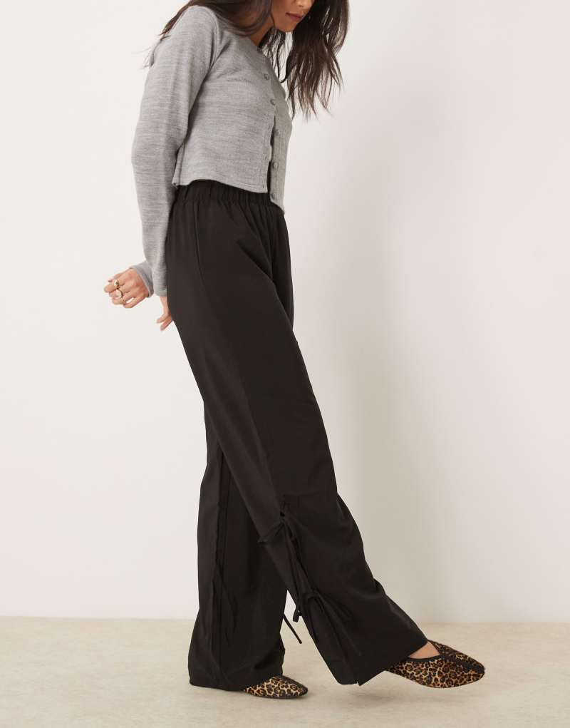 VILA wide leg pants with side split and tie side detail in black Vila