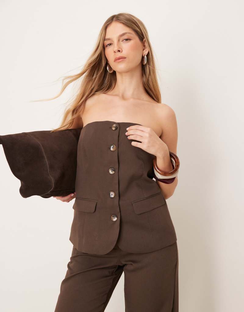 VILA bandeau detail vest in chocolate brown - part of a set Vila