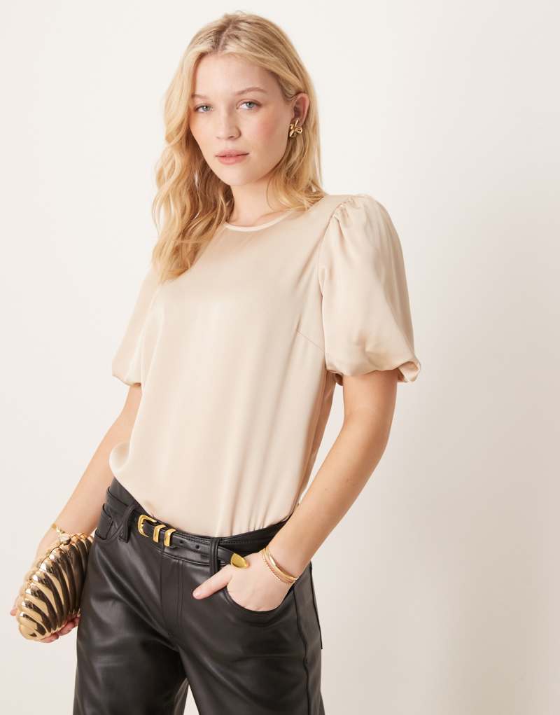 VILA satin short sleeve top in beige Vila