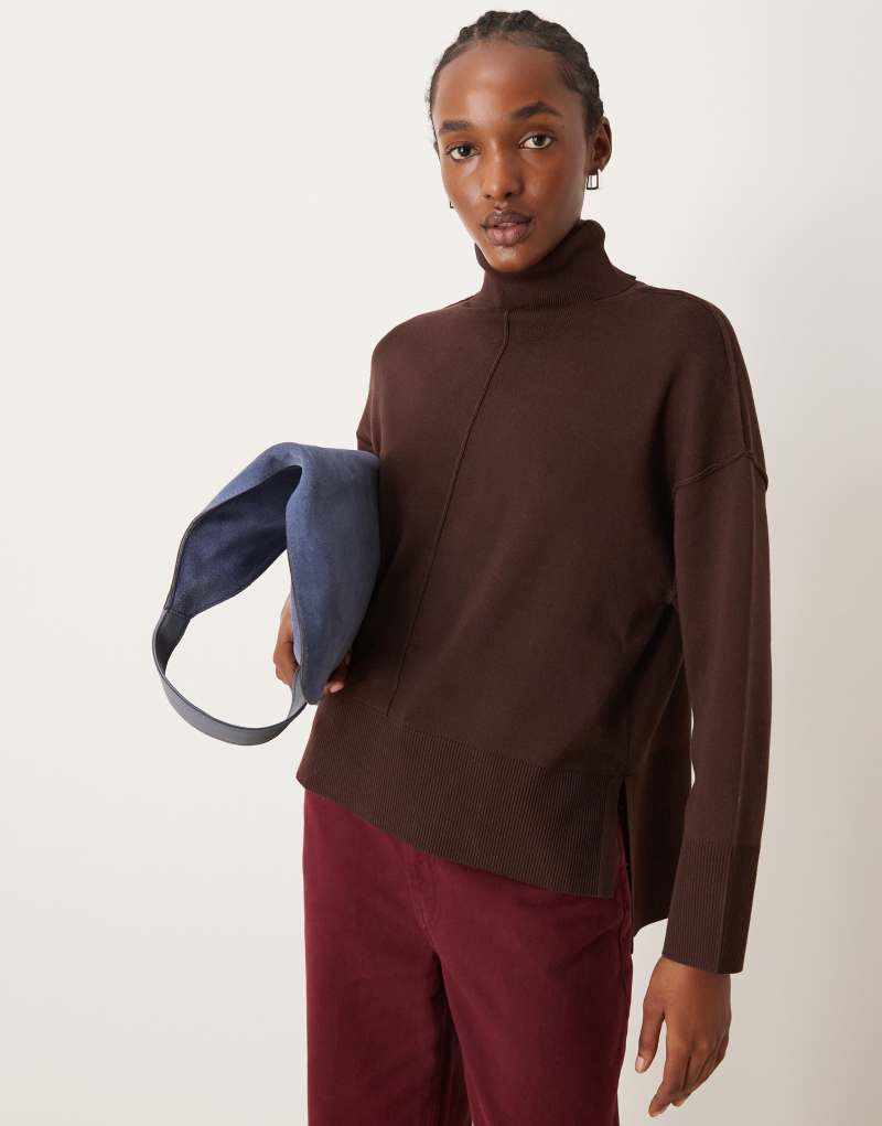 Vila high neck oversized sweater with seam detail in chocolate brown Vila