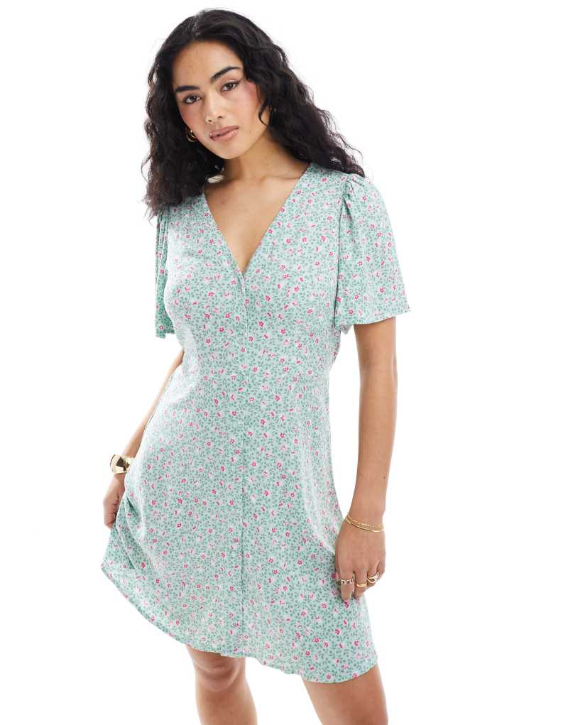 Vero Moda button up mini skater dress in mint green floral Vero Moda