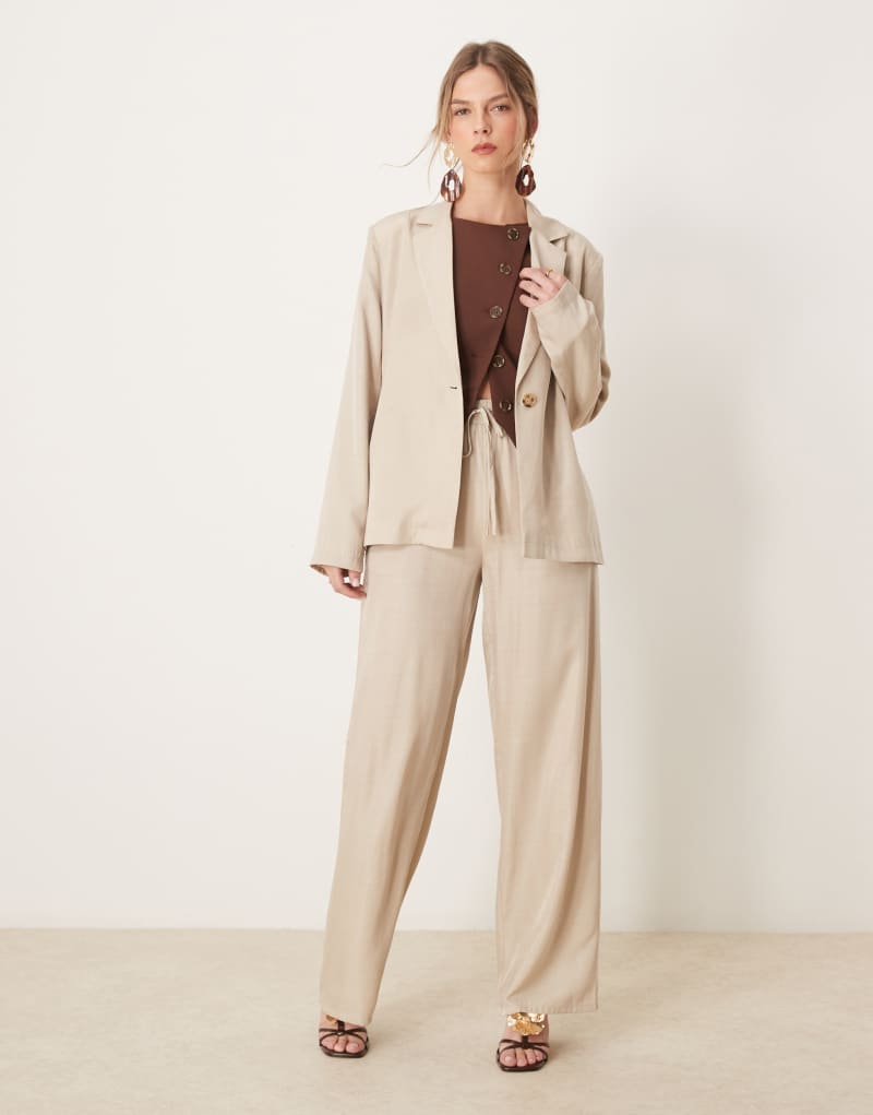 VILA wide leg tie waist pants in oatmeal - part of a set Vila