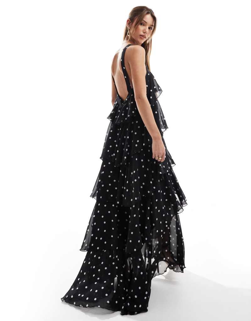 Vero Moda halterneck tiered maxi dress with corsage detail in black polka dot print Vero Moda