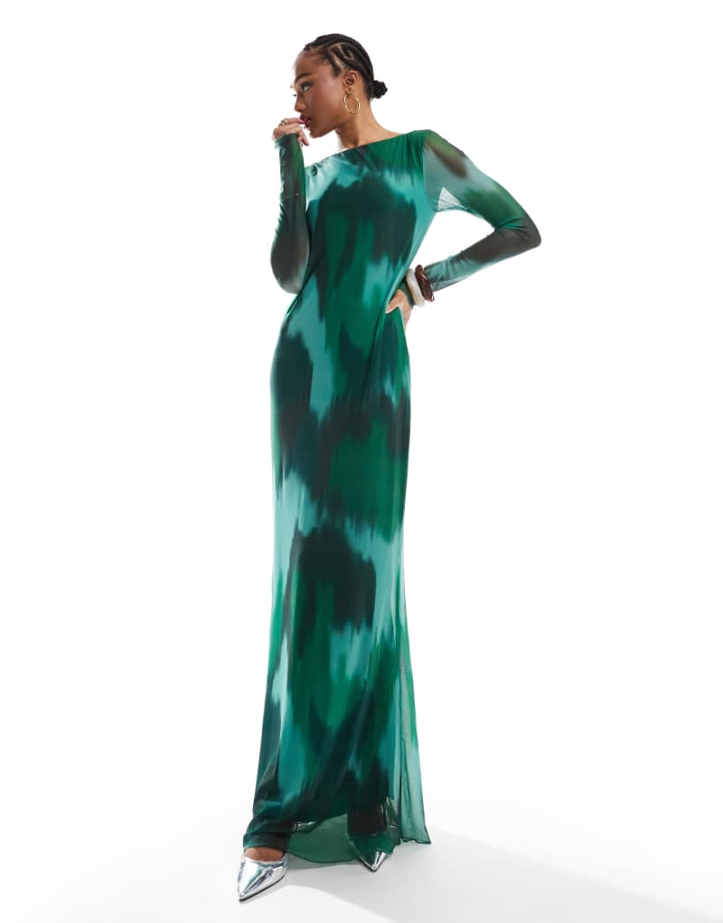 Vero Moda Tall long sleeved mesh maxi dress in dark green abstract Vero Moda