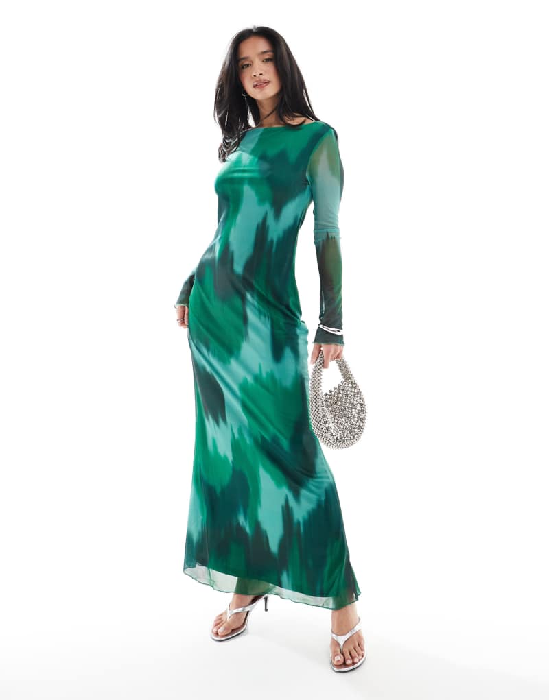 Vero Moda Petite long sleeved mesh maxi dress in dark green abstract Vero Moda