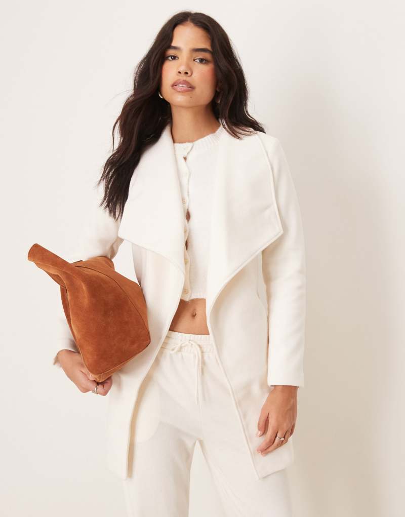 VILA waterfall belted coat in birch cream Vila