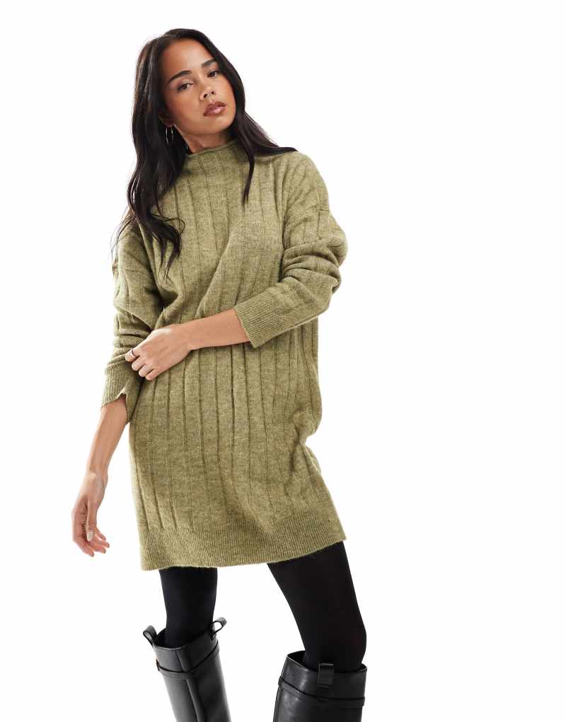 Vero Moda oversized ribbed knit mini dress in green melange Vero Moda